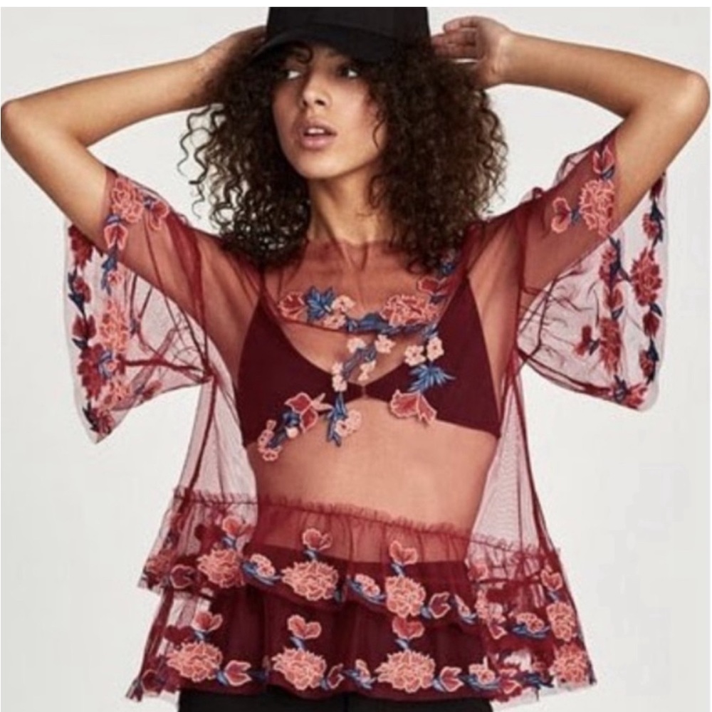 NWOT Zara Top half sleeve sheer mesh floral embroidered/ emblished